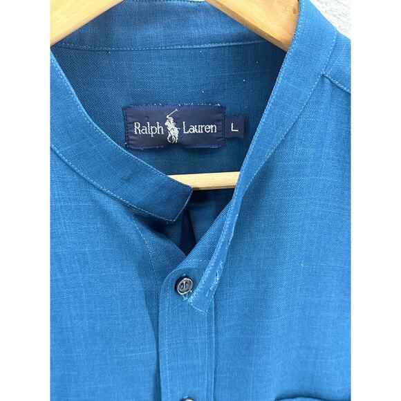 Ralph Lauren Blue Button Up Mandarin Collar Pocket Dress Shirt Men Large - Picture 5 of 6